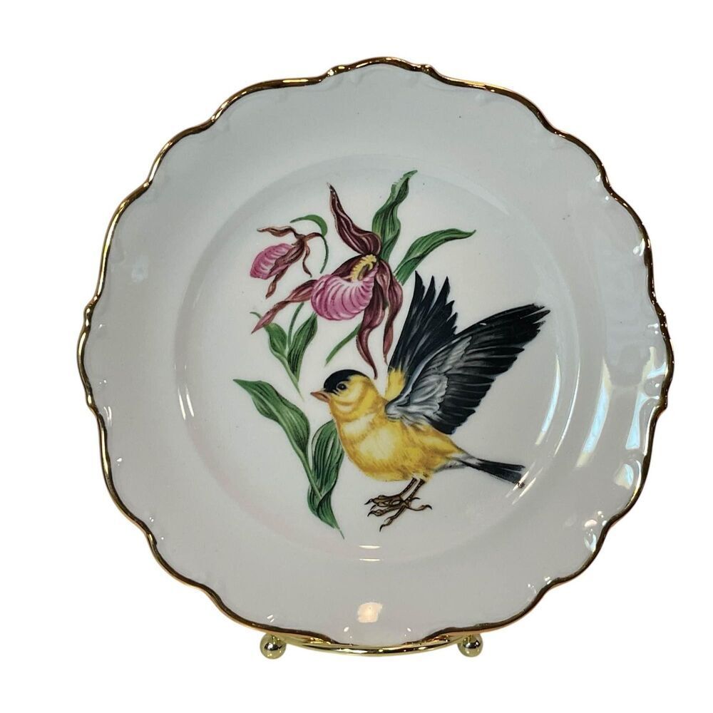 Schumann Arzberg Bird Plates Bavaria Gold Rimmed American Goldfinch 8” Vintage